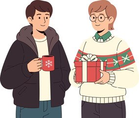 Two young men exchanging gift and coffee cup in casual winter clothing illustration 