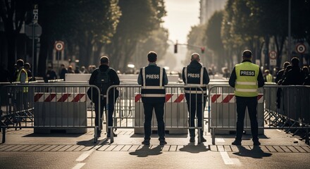 Press Members Behind Barriers at Event in City Street Back View.