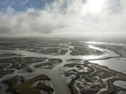 Aerial view of networks of channels and streams at low tide. In the marshland of the Bah&Atilde;&shy;a de C&Atilde;&iexcl;diz Nature Reserve. C&Atilde;&iexcl;diz province, Andalusia, Spain.