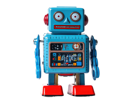 A vintage, colorful robot toy stands upright, showcasing mechanical details