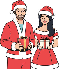 Couple dressed in Santa Claus costumes holding Christmas gifts festive holiday celebration illustration 
