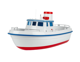 A white toy boat with blue and red accents, isolated on a black background
