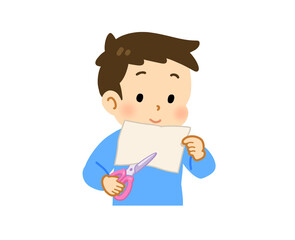 ハサミで紙を切る子どものイラスト