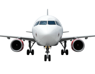 Front view of a commercial jet aircraft against a black background