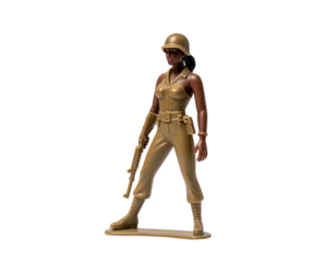 A tan female toy soldier figure, standing, holding a rifle