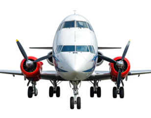 Front view of a white and red propeller plane against a black background