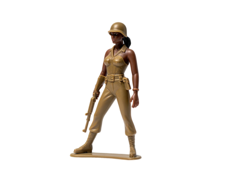 A tan female toy soldier figure, standing, holding a rifle