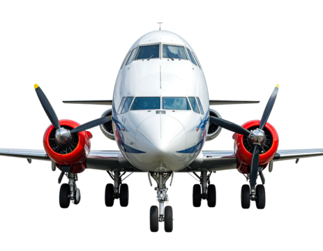 Front view of a white and red propeller plane against a black background