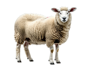 A full-body image of a sheep with thick, cream-colored wool and direct gaze