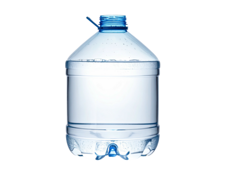 Large translucent plastic water jug with a blue cap and handle