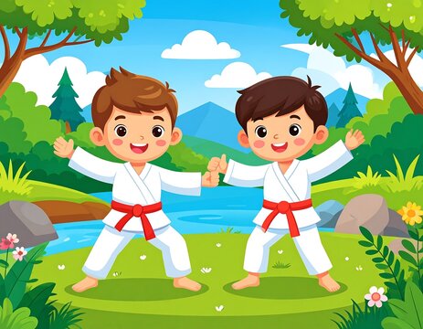 Two boys in karate poses by a river