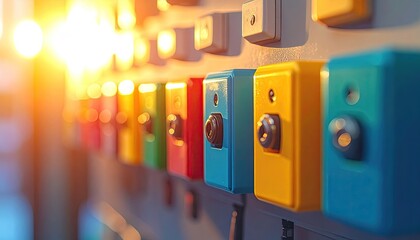 Colorful Push Button Array on Gray Wall with Bokeh Lights