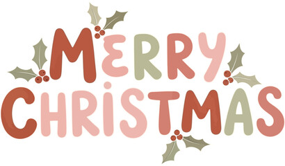 Merry Christmas festive greeting with holly leaves and berries vector illustration in pastel colors 