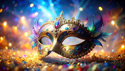 Ornate Mask with Jewels and Feathers Against Bokeh Background