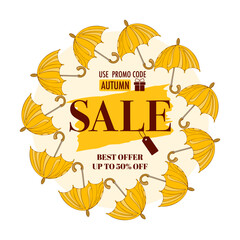 Fall Promotion Banner Template for Seasonal Discounts,Vector Autumn Sale Template with Yellow umbrella Frame
