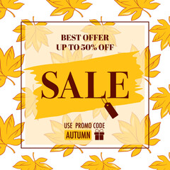 Autumn Sale Poster with Golden Leaves and Discount Promotion, sale autumn banner