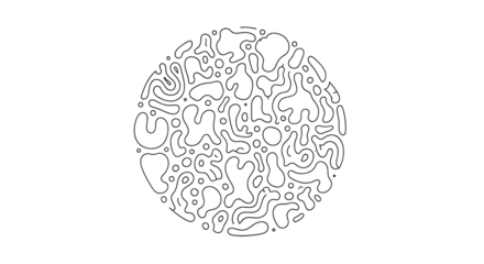 Circular abstract pattern with organic white shapes and lines on a black background, minimalist art.