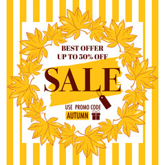 Autumn Sale Poster with Golden Leaves and Discount Promotion