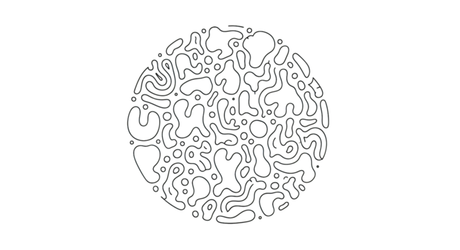 Circular abstract pattern with organic white shapes and lines on a black background, minimalist art.