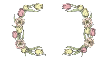 Delicate floral frame design with pastel tulips and roses on a black background in sketch style