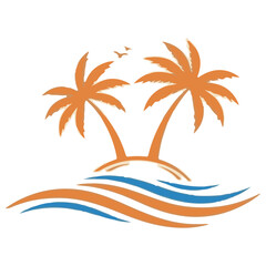 Tropical Island with Palm Trees, Birds, and Ocean Waves Illustration