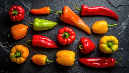 Colorful Sweet Peppers on Dark Textured Background Fresh Red Yellow Orange and Green Bell Peppers Close Up Still Life Arrangement Vegetables Healthy Food Concept