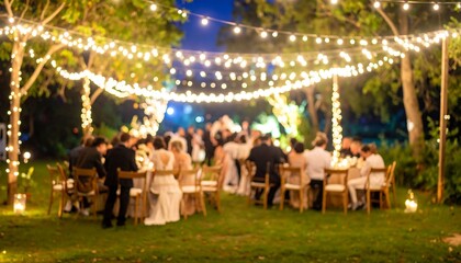 Outdoor Dinner Gathering at Night with String Lights and Guests