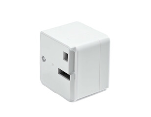 A white, cubical electrical adapter showcasing various outlet types
