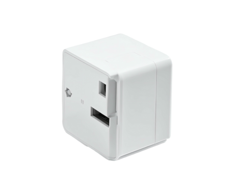 A white, cubical electrical adapter showcasing various outlet types