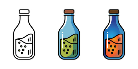 Glass Water Bottle Icon Set. Simple and refreshing vector illustrations of a bottle with liquid, perfect for concepts related to hydration, health, beverages, eco-friendliness, or general Drinks.