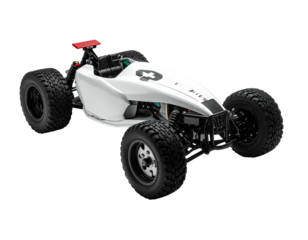 White open-wheel buggy-style vehicle with black tires, on a black background