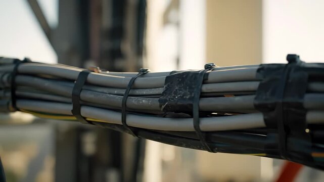Cables are bundled together with black tape, securing the cables effectively. The outdoor scene shows cables running along a structure, with sunlight highlighting the cables.