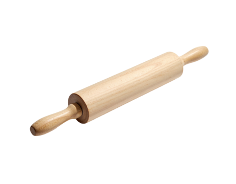 A classic wooden rolling pin, lying diagonally against a black background