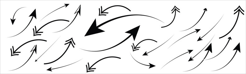 Set of Simple Hand-Drawn Black Arrows. Arrow Various packaging symbols. Hand-Drawn Black Arrows Set collection – Doodle, Sketch, and Vector Styles, Arrow vector line icon set, Modern vector arrow set.
