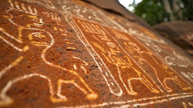 Ancient rock carvings show intricate animal figures and symbolic patterns. The carvings on the rock depict animals and detailed designs in a natural outdoor setting.