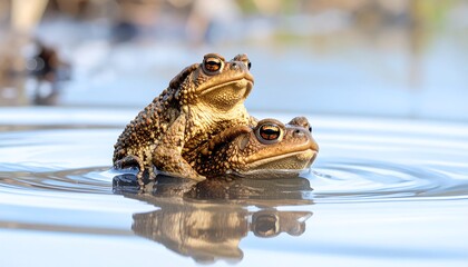 Two toads mating on water