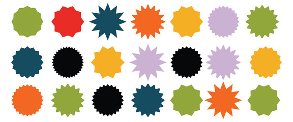 Starburst Sticker and Sale Price Tag Set. Sunburst Promo Badges, Bursting Labels, Starburst Speech Bubbles, Wavy Edge Red Badges, Special Offer Price Tags, Colorful Discount Icons and Shopping Labels.
