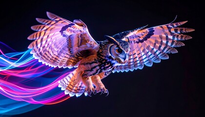 Owl Flying with Colorful Neon Light Trails on Black Background