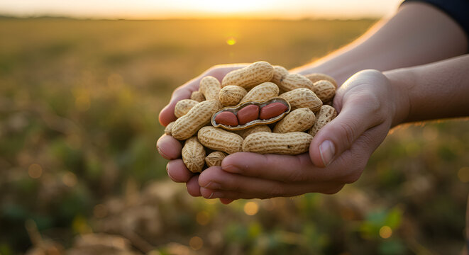 Harvesting the goodness: Close-up of hands holding fresh peanuts at sunset