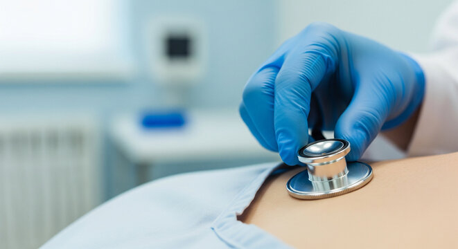  An Orthopedist (50s, male) is pointing to a specific bone on a brightly illuminated X-ray image displayed on a light box or screen.