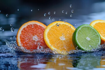 Citrus slices caught mid-splash on a dark, reflective surface