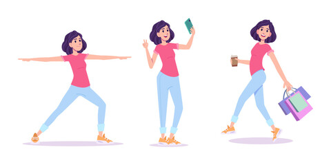 oung Woman Yoga Selfie Shopping Lifestyle Vector