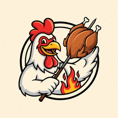 Funny Chicken Illustration Roasting a Whole Chicken on a Spit with Flames