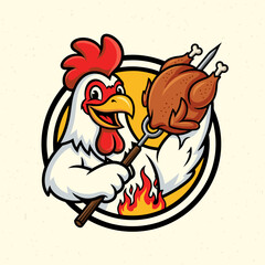 Whimsical Chicken Illustration Holding Rotisserie Chicken Over Flames Perfect for Food Brands
