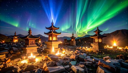 Pagoda Lights Illuminated by Northern Lights Over Mountain Landscape at Night
