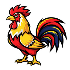 Vibrant illustration of a proud rooster, a colorful chicken with bold red, yellow, and blue plumage