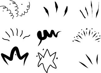 Set of hand-drawn comic style doodle elements, including motion lines, bursts, and expressive marks. Perfect for cartoons, manga, or creative design projects.