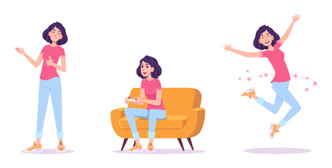Woman different emotions poses standing sitting jumping vector set