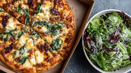 A pizza with spinach and cheese sits in a cardboard box next to a bowl of salad