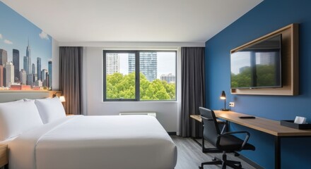 Fototapeta premium Vibrant Blue Hotel Room with City Mural. Low Angle King Bed Composition. Inviting Daylight Interior Scene.